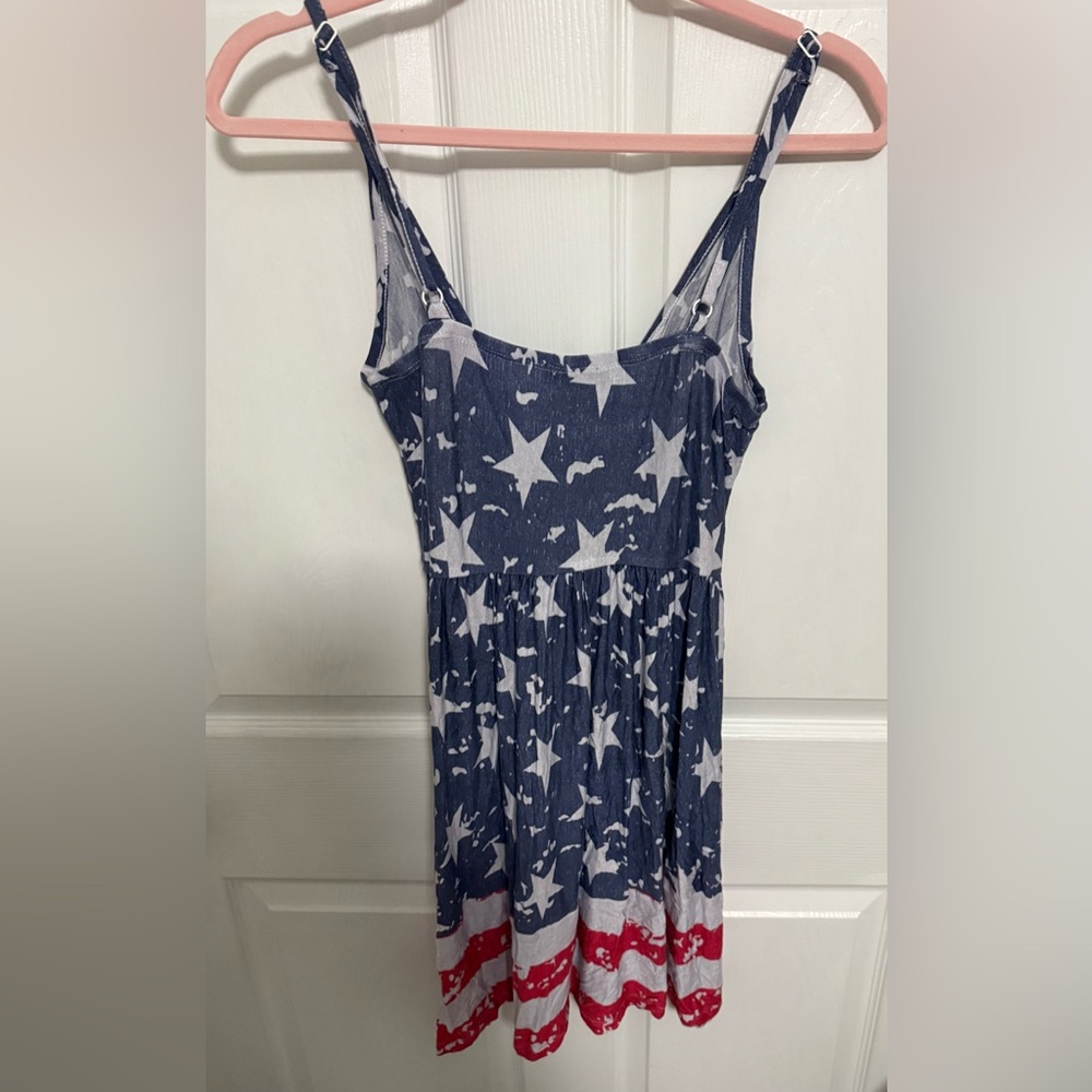 VENUS Patriotic Blue and White Star Print Mini Dress with Red Trim - Picture 2 of 3